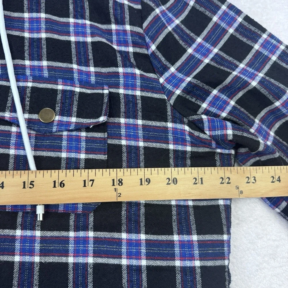 BoohooMAN Shacket Mens M Plaid Sherpa Lined Hooded Flannel Jacket Blue Black